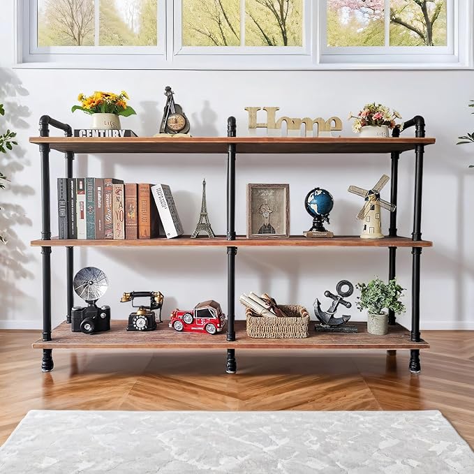 Industrial Bookshelves, Wood Pipe Bookshelf, 5 Shelf Rustic Display Storage Tall Standing