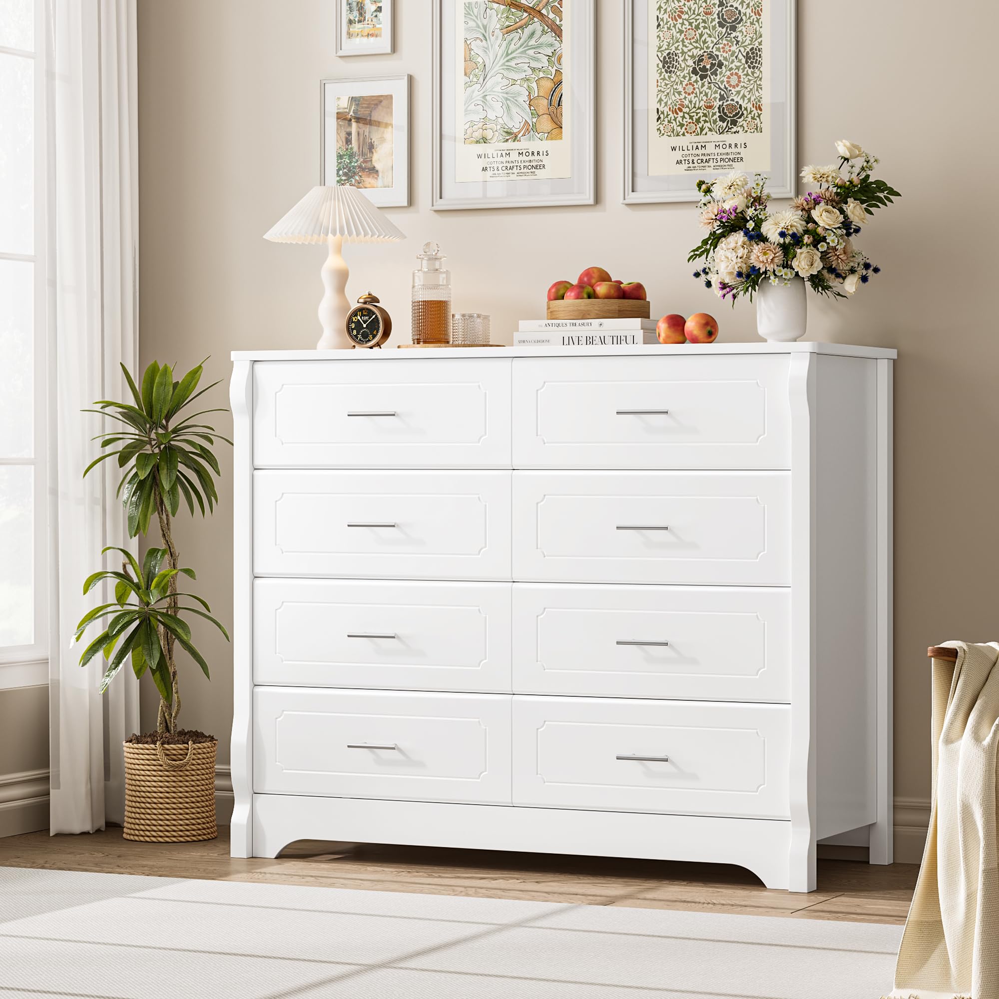 White 8 Drawer Dresser for Bedroom, 47" Wood Dresser & Chest of Drawers