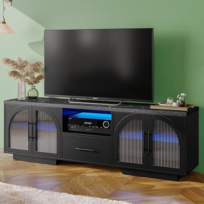 70" TV Stand for 80 Inch TVs, Entertainment Center with LED Lights and Arched Glass Doors