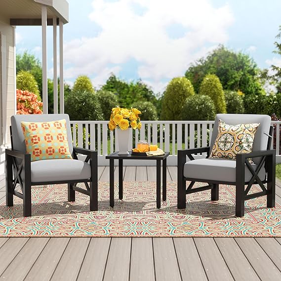 3-Piece Outdoor Bistro Set with Cushioned Chairs and Metal Coffee Table