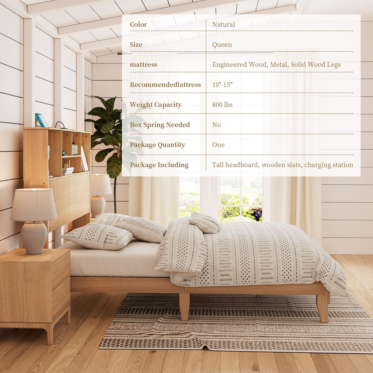 Century Fluted Panel Queen Bed Frame with 55.5" Tall Storage Headboard