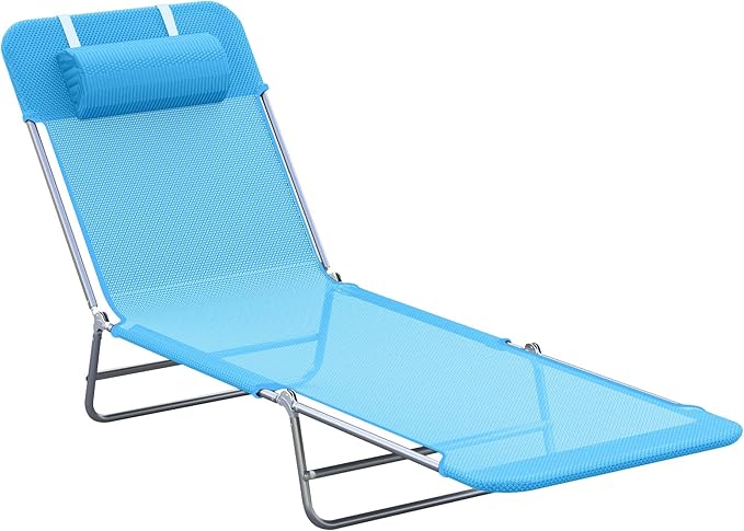Folding Chaise Lounge Pool Chairs, Outdoor Sun Tanning Chairs with Pillow