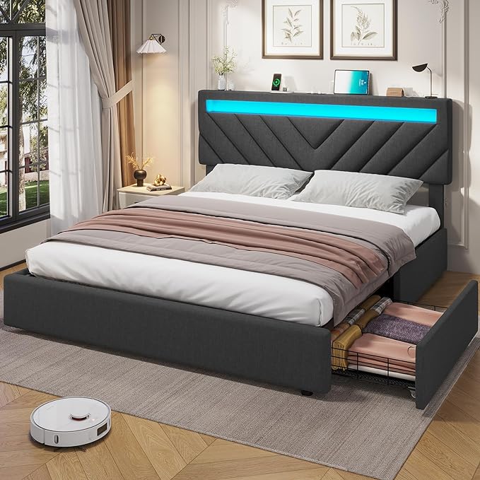 Full Bed Frame with LED Lights and Drawers, PU Leather Bed