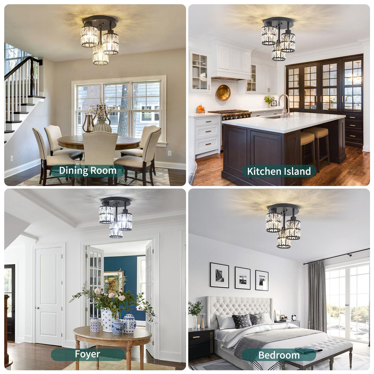 Semi Flush Mount Ceiling Light, 3-Light Close to Ceiling Light Fixture Black Small Crystal