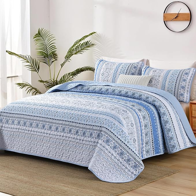 Boho Quilt Set Queen Size,3 Piece Mint Green Bohemian Striped Bedspread Coverlet Set