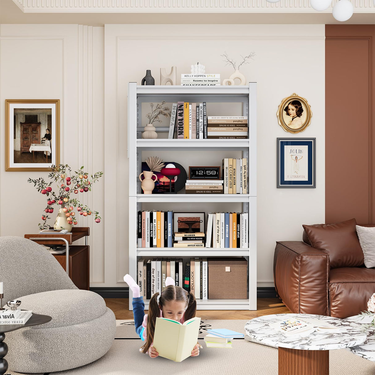 ZONLESON 63" Heavy Duty Bookshelf Metal Bookcase with Pegboard Bookend and Fence 5 Tier Adjustable Bookshelves for Home Office and Study,White