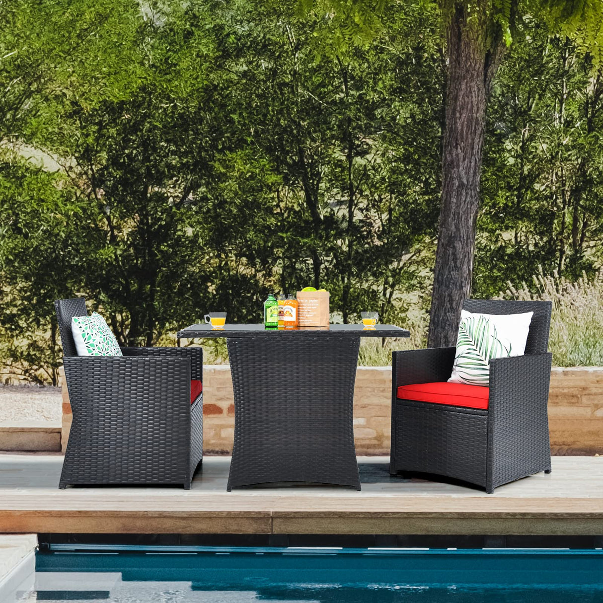 3-Piece Outdoor Wicker Bistro Set PE Rattan Dining Table Set