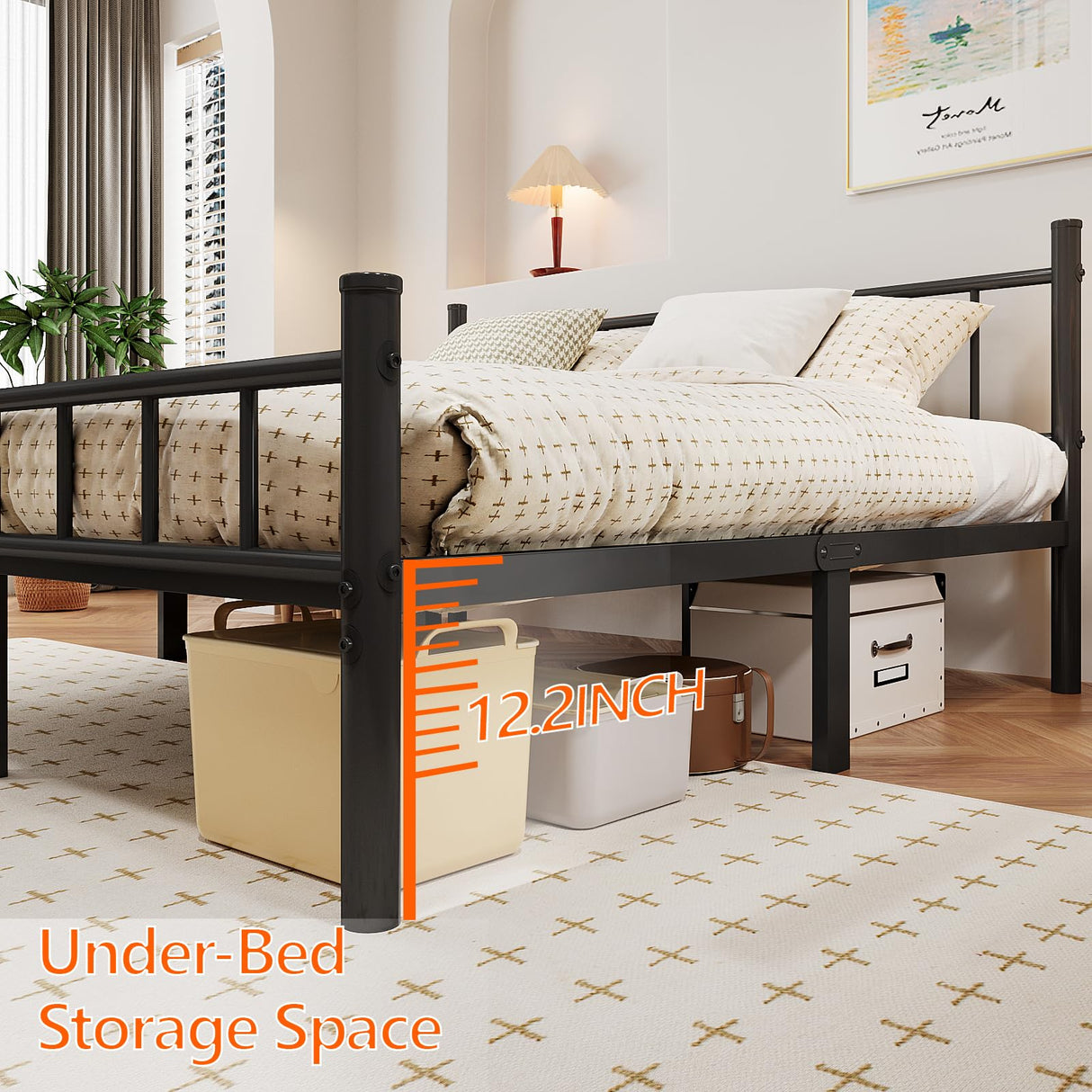 Queen Size Metal Bed Frame with Headboard & Footboard - 14 Inch Platform with Steel Slat Support