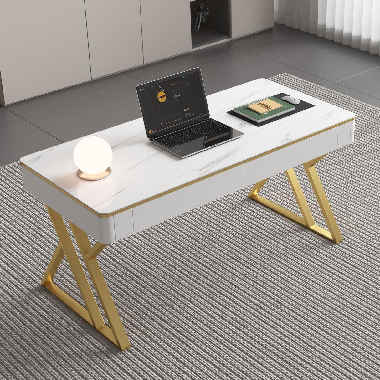 Modern Office Computer Desk with Tempered Glass Top & Marble Pattern