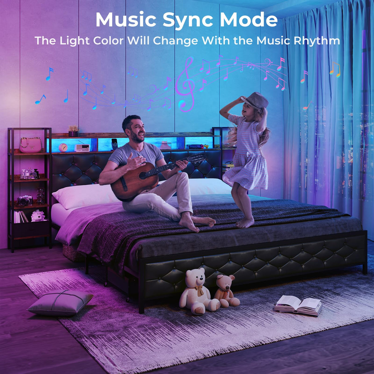 Bed Frame King Size with Bookcase Storage Headboard and Charging Station King