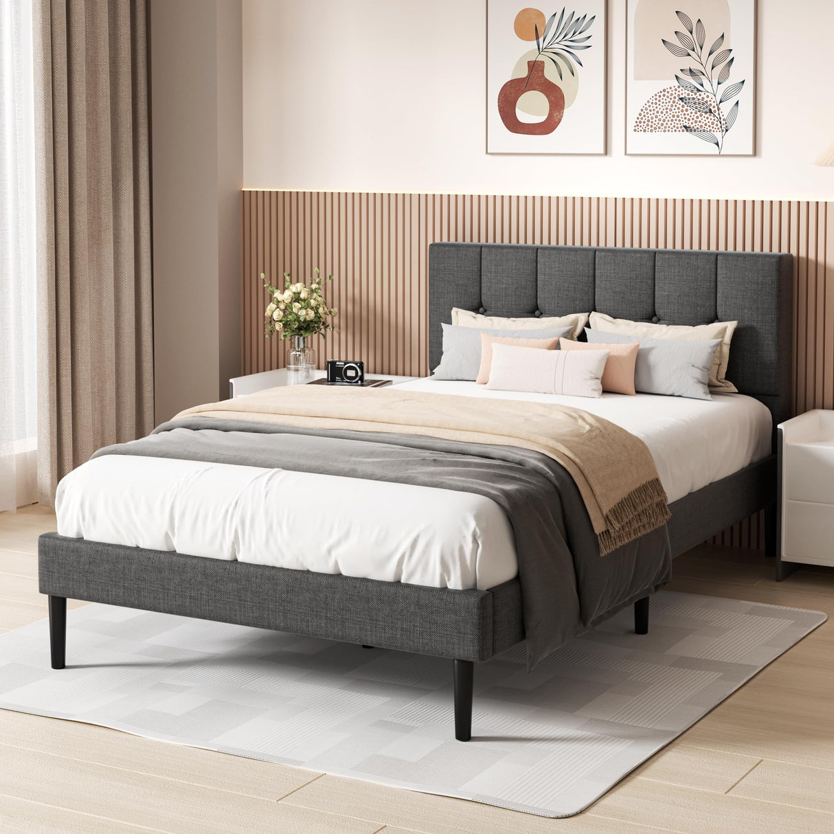Full Bed Frame with Button Tufted Headboard, Fabric Upholstered Platform Bed Frame,