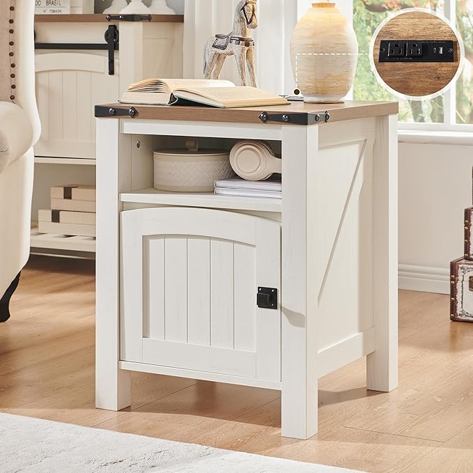 Farmhouse End Table with Charging Station, 18" Rustic Nightstand