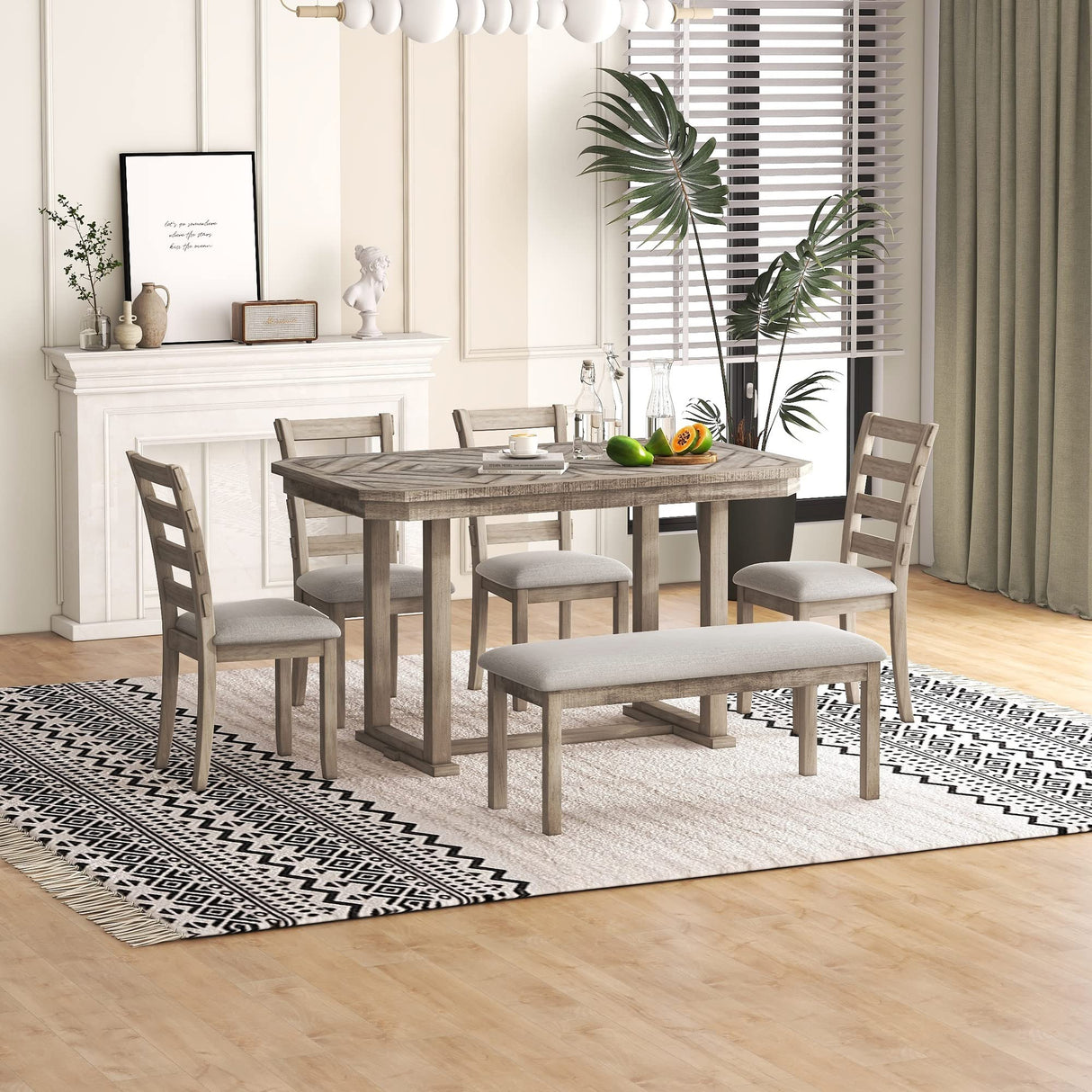 6, Rectangular Dining Table with Upholstered Chairs and Bench, 6-Piece Table Set for Dining Room and Kitchen, Retro Dining