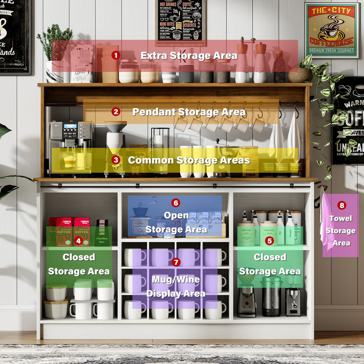 Farmhouse Coffee Bar Cabinet with 8 Hooks, 55ā Kitchen Hutch Cabinet with Storage