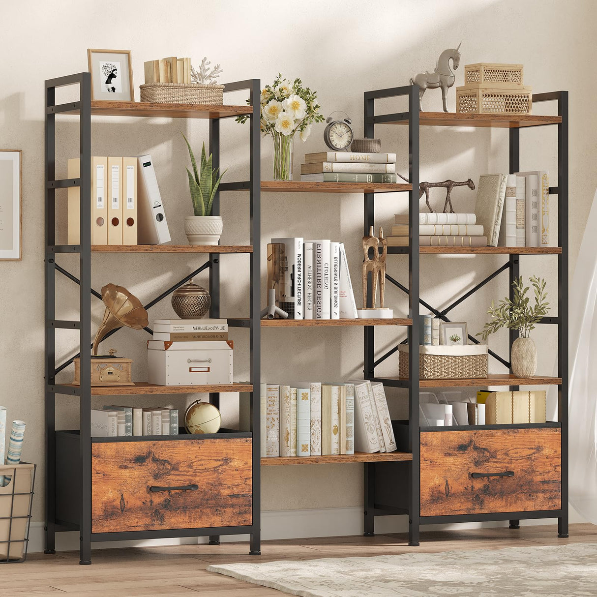 Bookcases and Bookshelves, Triple Wide 4 Tiers Bookshelf