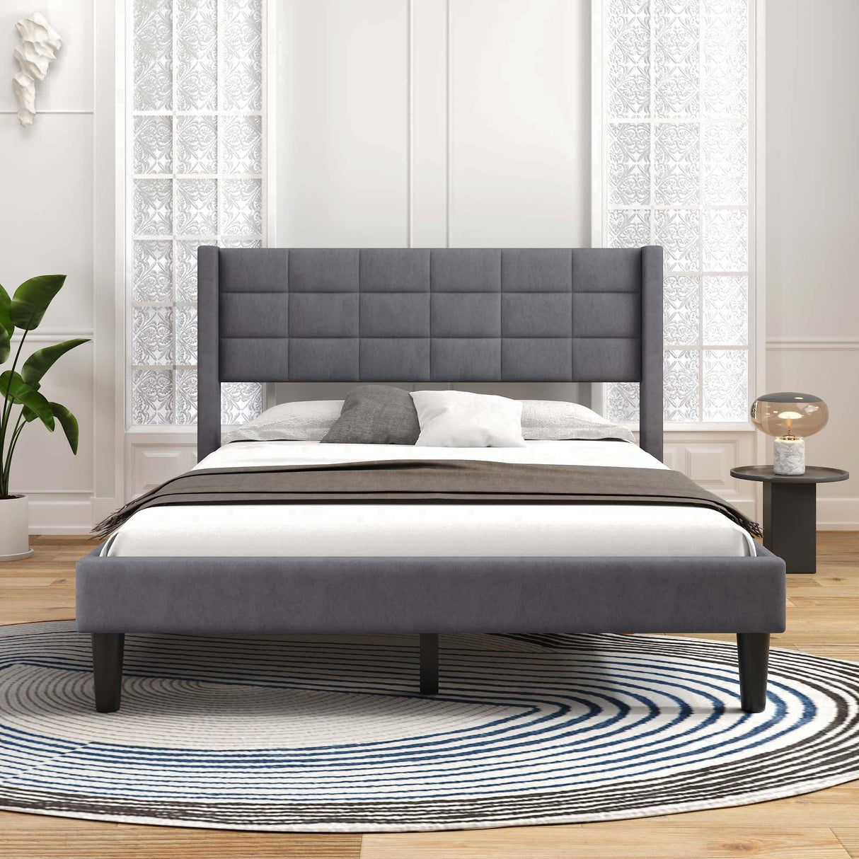 Queen Size Upholstered Platform Bed with Support Legs Grey