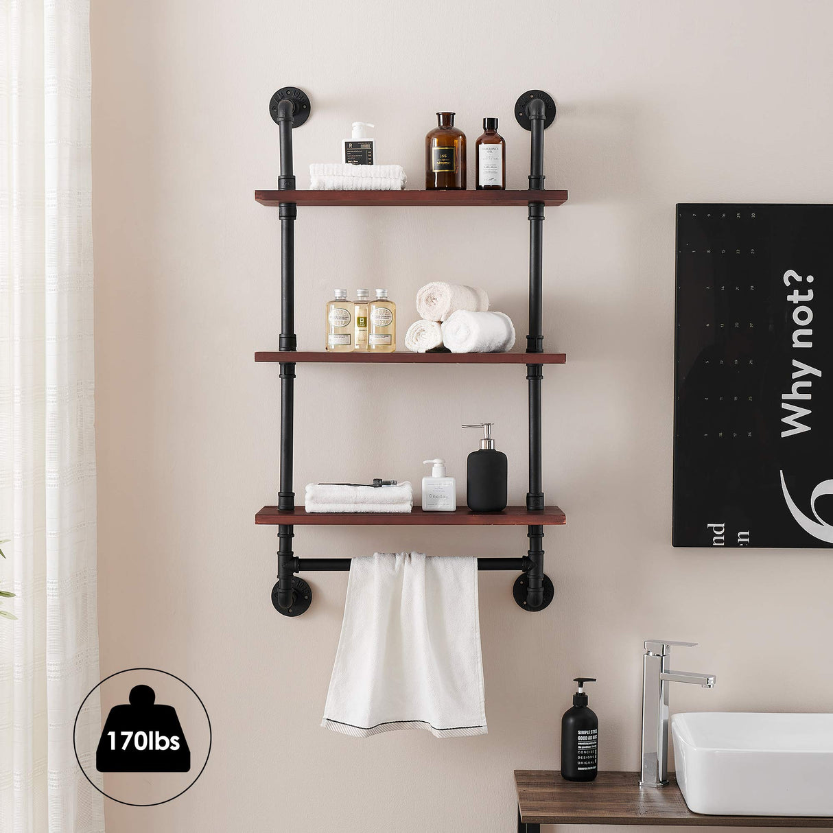 Bathroom Shelves Floating Shelves, 24" Towel Holder Pipe Wall Shelf Rustic Wall