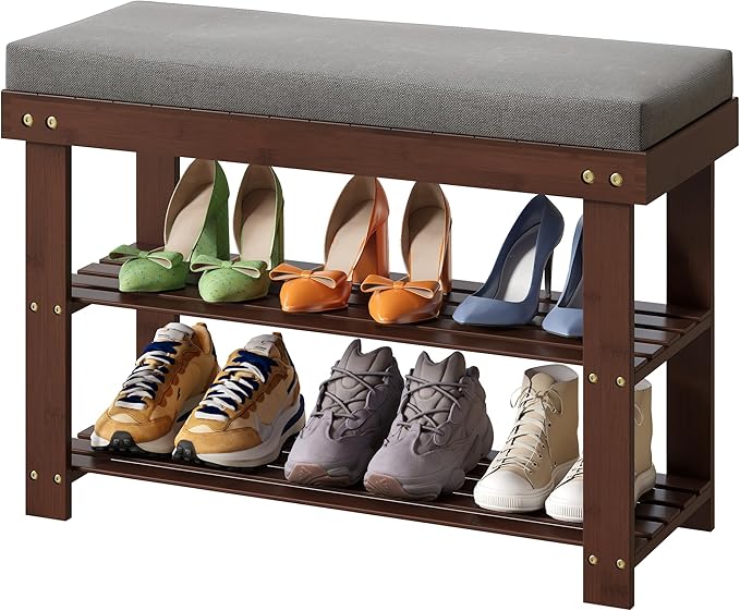 Bamboo Shoe Bench, 3-Tier Shoe Rack with 1.6" Thick Padding
