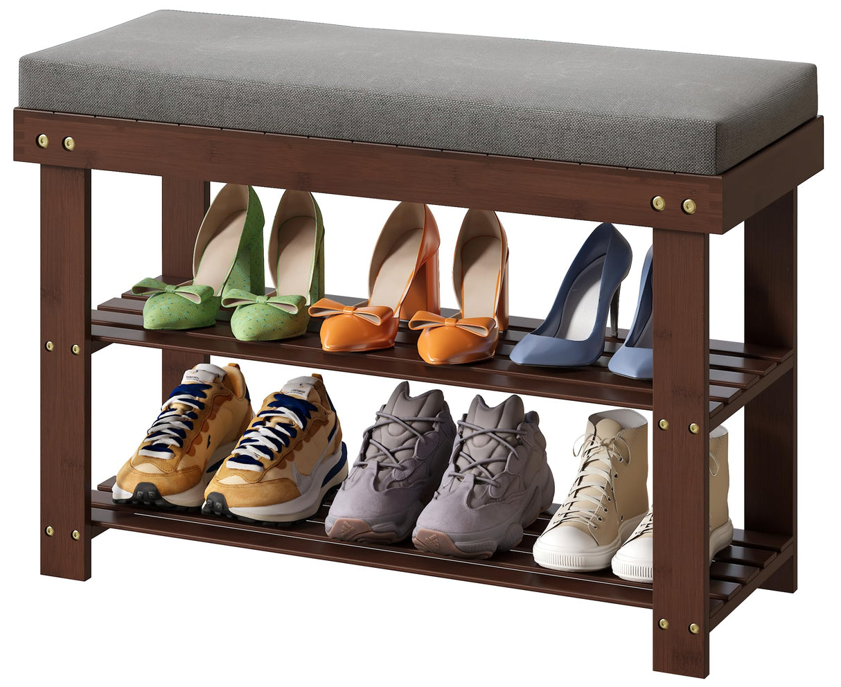Bamboo Shoe Bench, 3-Tier Shoe Rack with 1.6" Thick Padding