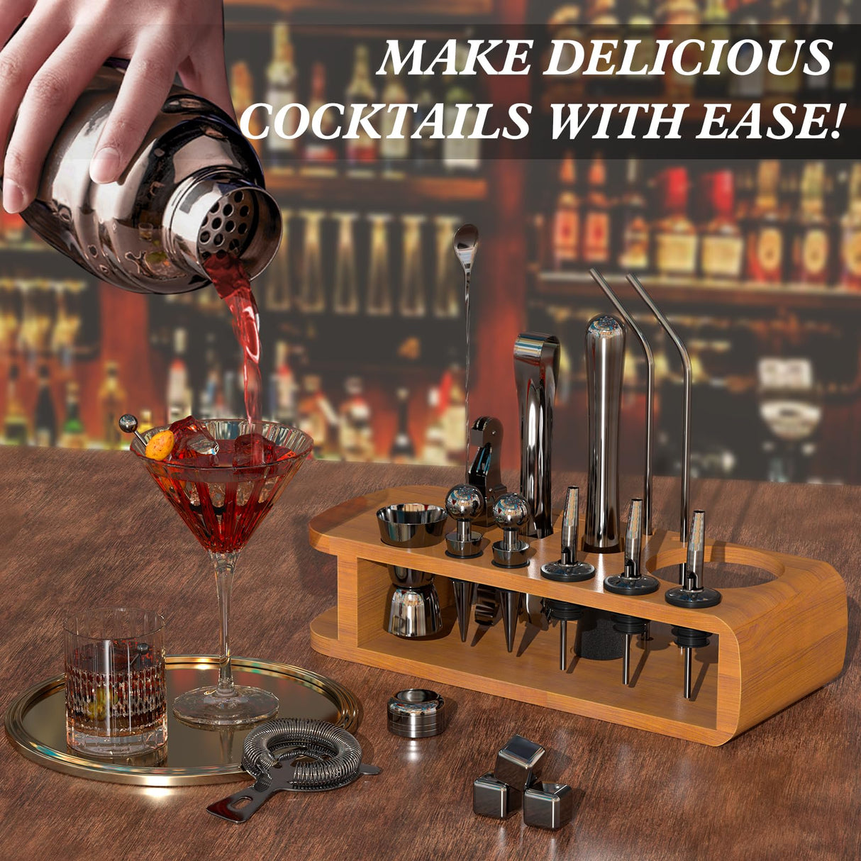 Cocktail Shaker Set with Bamboo Stand, 26-Pieces Bartender Kit 25 oz Martini Bar Tools Set