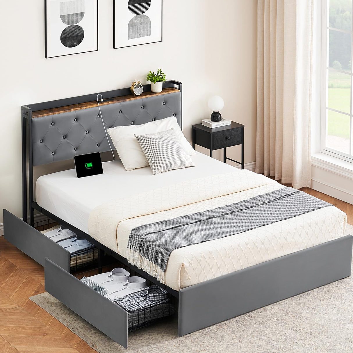 Queen Size Bed Frame with Headboard and 4 Storage Drawers Velvet Upholstered