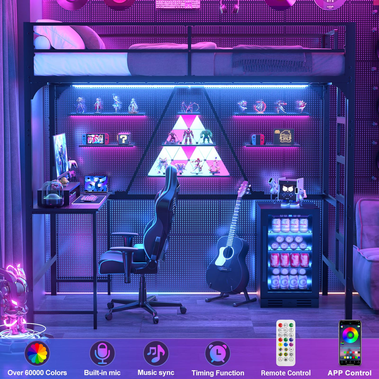 Loft Bed Twin Size with Desk and Power Outlet, Metal Bunk Bed with Desk Underneath with LED Lights, Bunkbed with Loft, Junior Twin Loft Bed with Safety Guard, Black