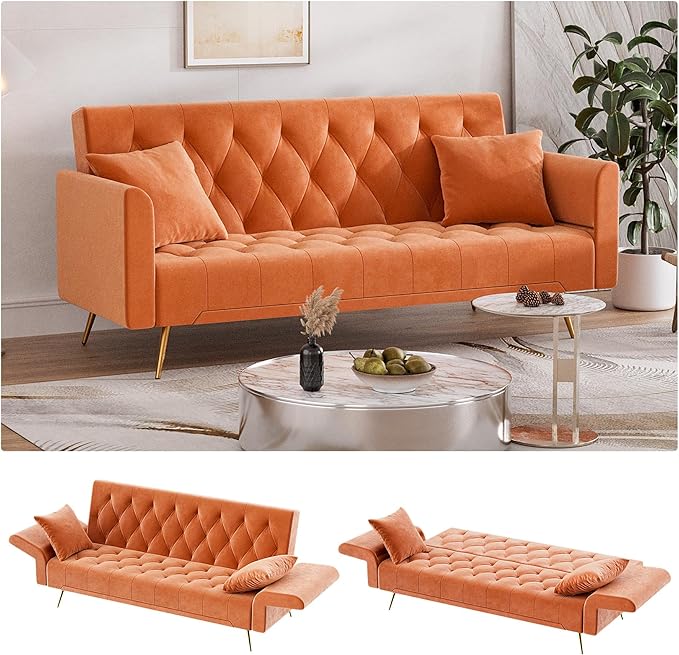 Modern Velvet Futon Sofa Bed, Small Couch, Loveseat, 71" Convertible Futon Sofa