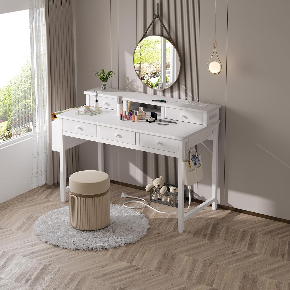 White Computer Desk with Fabric Drawers for Home Office, 40 inch Vanity Makeup Desk