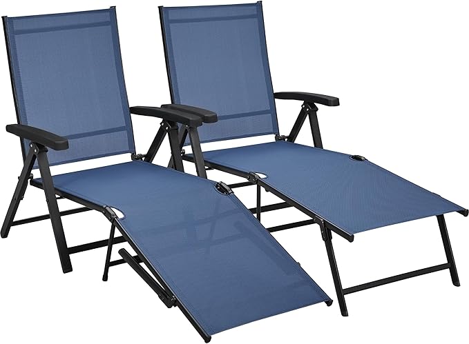Outdoor Folding Chaise Lounge Set of 2 Patio Reclining Chairs w/Adjustable 7-Position