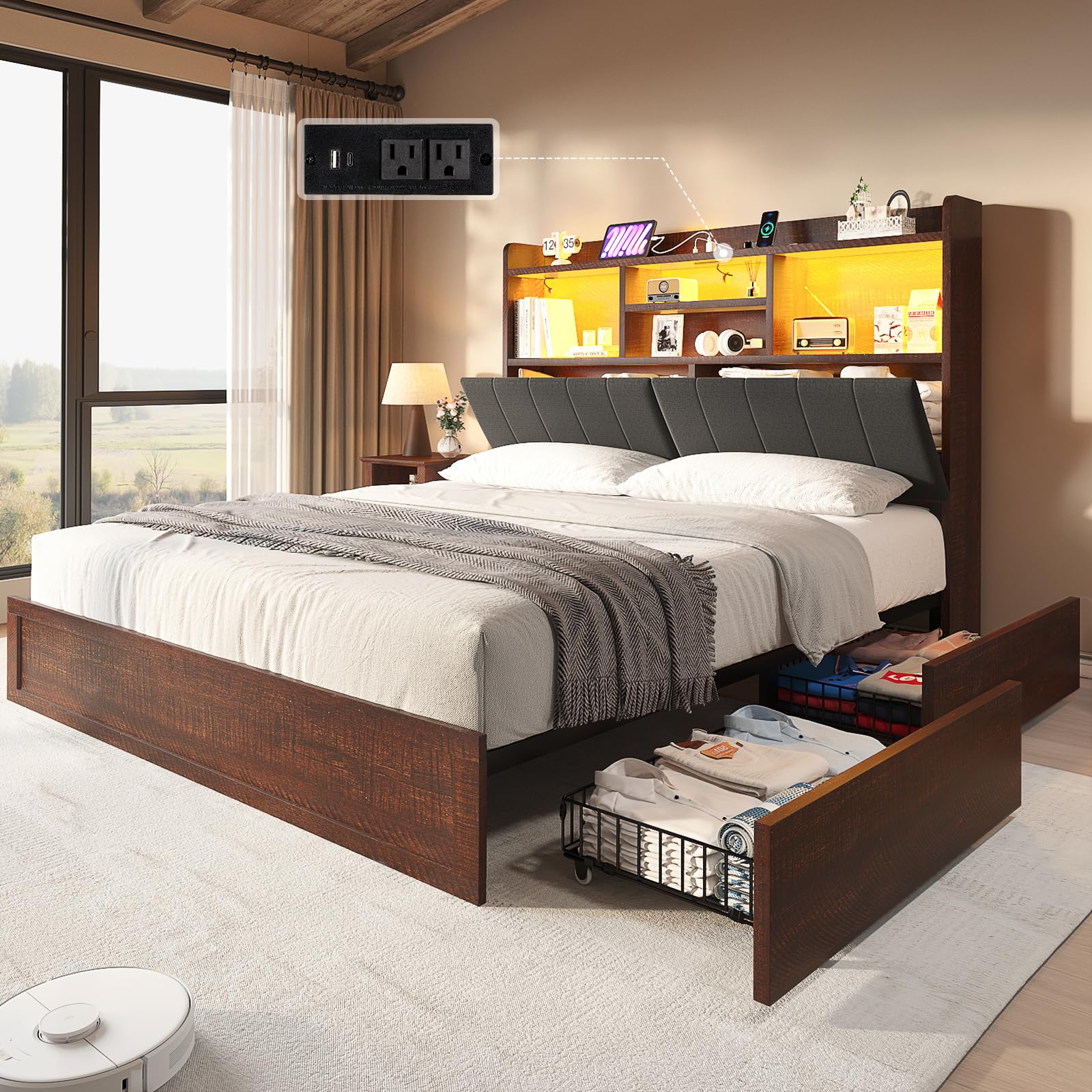 LUXOAK King Farmhouse Bed Frame with Bookcase Headboard and 4 Drawers, LED Storage Bed with Charging Station & Linen Upholstered, No Box Spring Needed, Reclaimed Barnwood