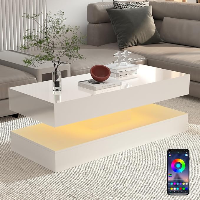 47.3IN High Glossy LED Coffee Table,Modern Coffee Table for Living Room