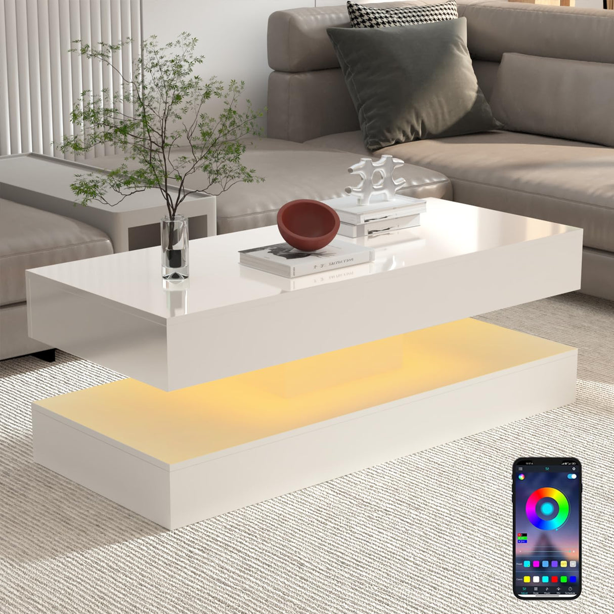 47.3IN High Glossy LED Coffee Table,APP LED Lights,Black/White, Modern Furniture
