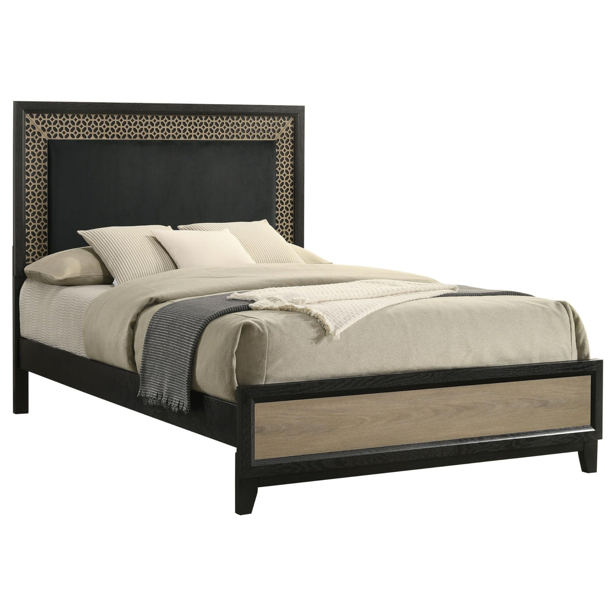 Aki Platform King Size Bed, Panel Design, Modern Cut Out Trim, Wood