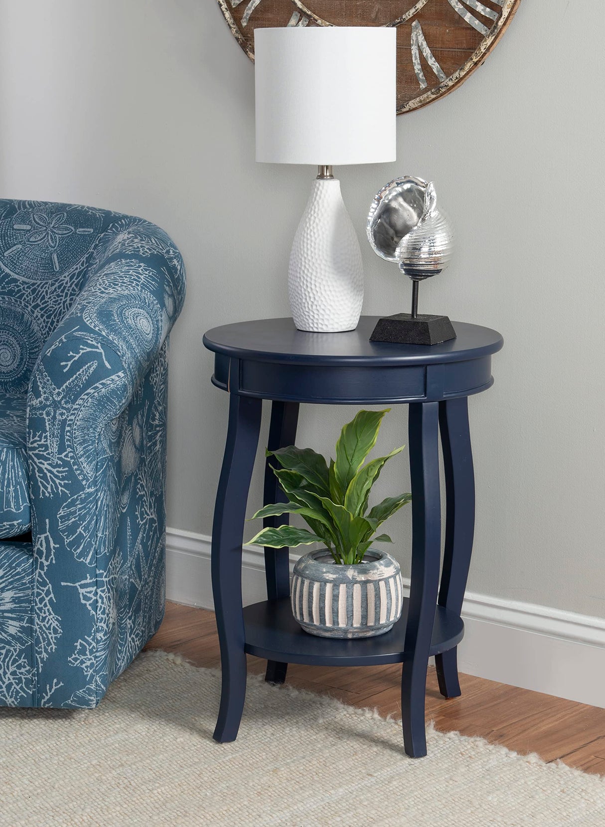 Phipps Navy Blue Round Side Table with Shapely Legs and Shelf