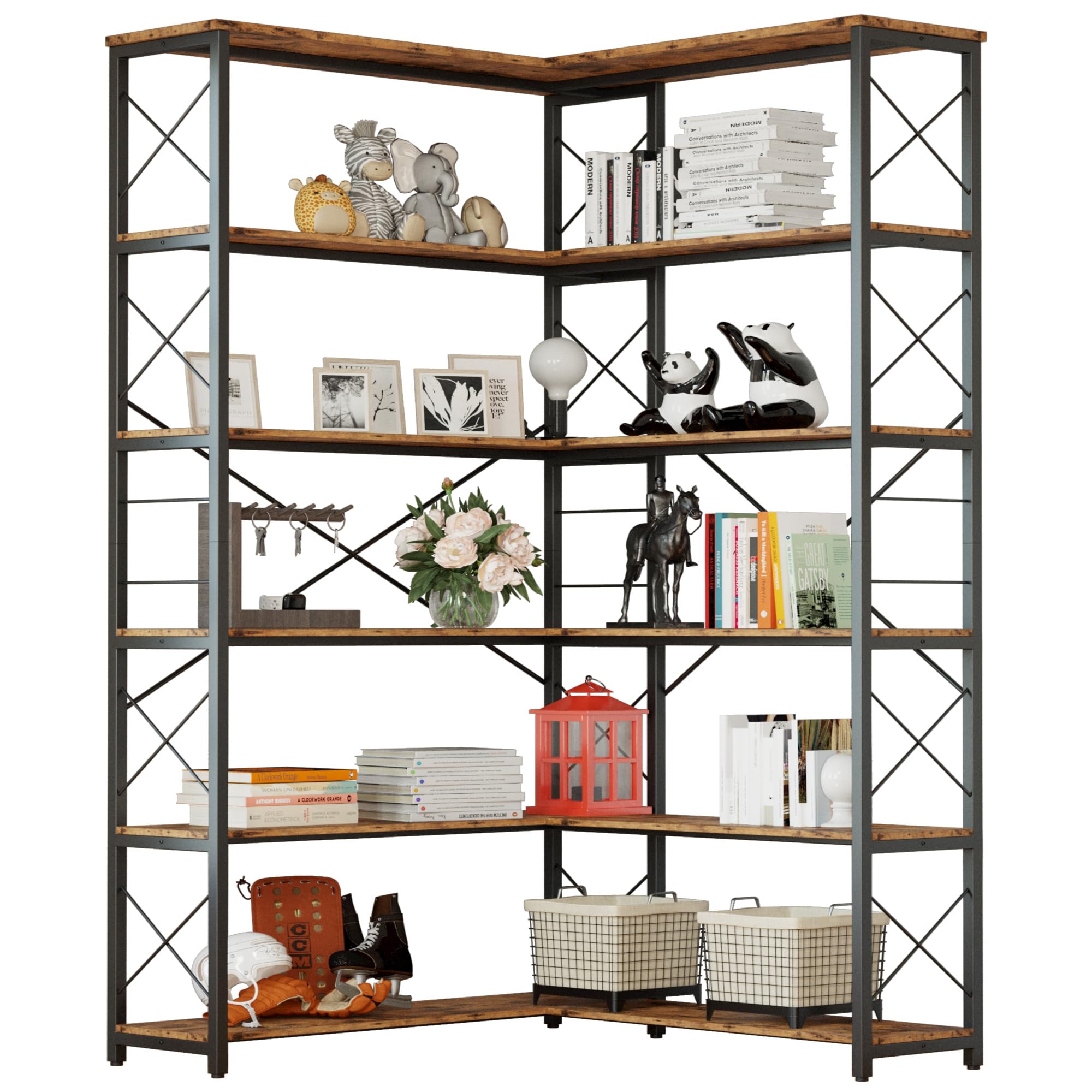 6-Shelf Corner Bookcase, Vintage Industrial Corner Bookshelf Etagere Bookcase