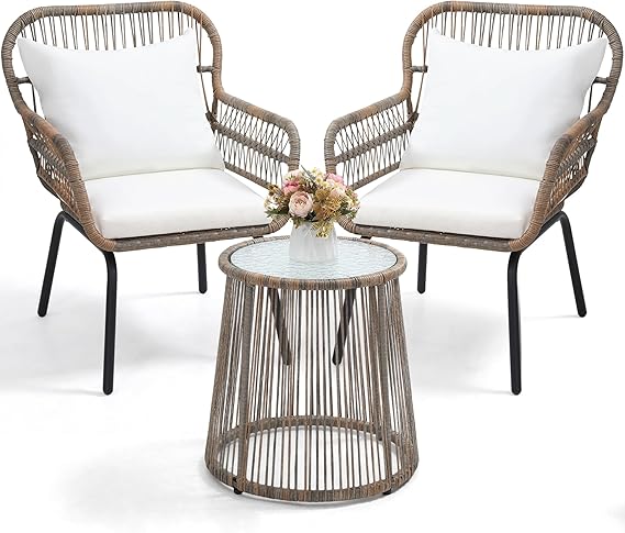 3-Piece Rattan Wicker Bistro Set with Glass Top Table - Space-Saving Outdoor Patio Furniture