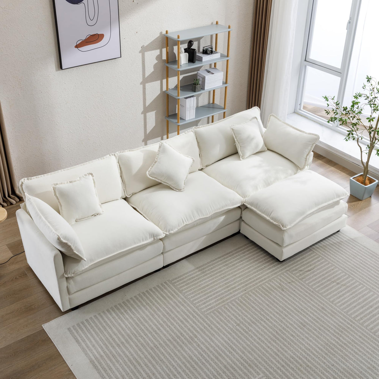 Modular Sectional Sofa Couch L-Shaped with Convertible Ottoman for Living Room, Modern Contemporary 3-Seat Sofa Couch for Apartment Office, Chenille Fabric, Beige