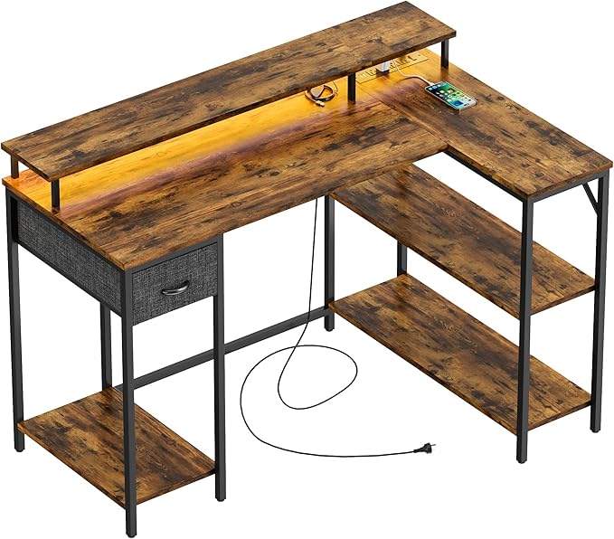 L Shaped Gaming Desk with LED Lights & Power Outlets, Reversible Computer Desk