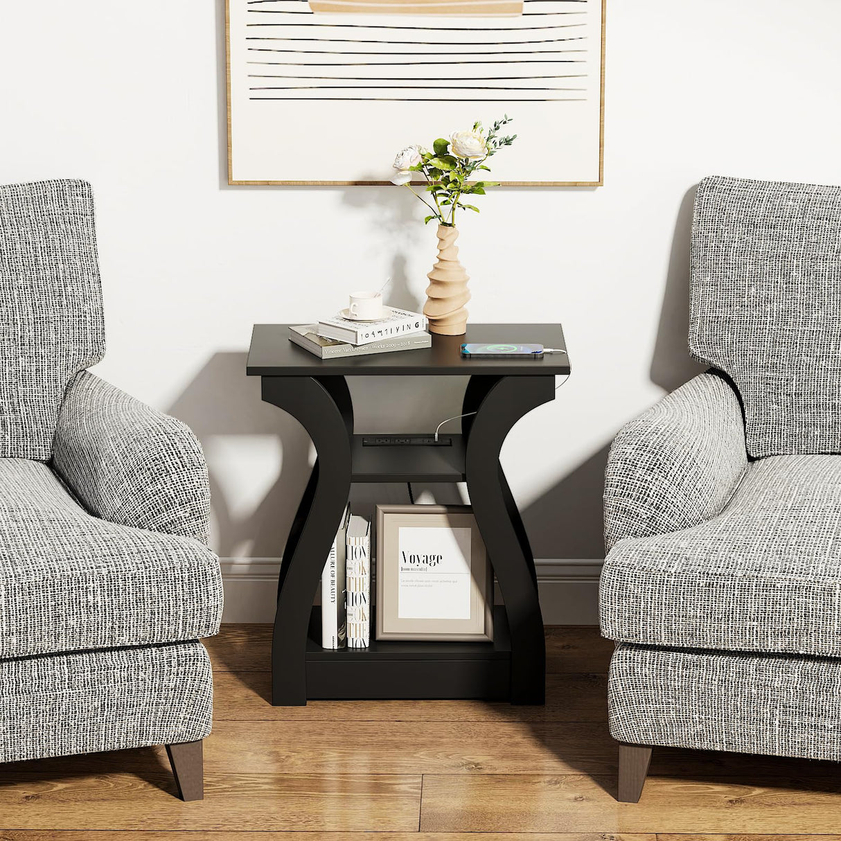 End Table with Charging Station, Side Table with USB Ports and Outlets, 3 Tier Nightstand