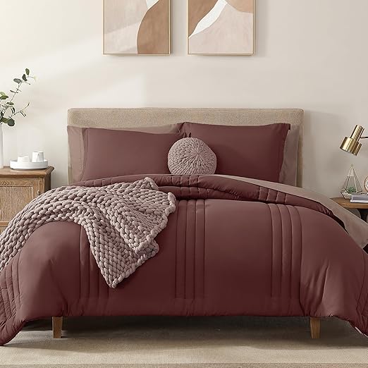 Queen Comforter Set - 7 Pieces Apricot Beige Bed in a Bag Queen Bedding