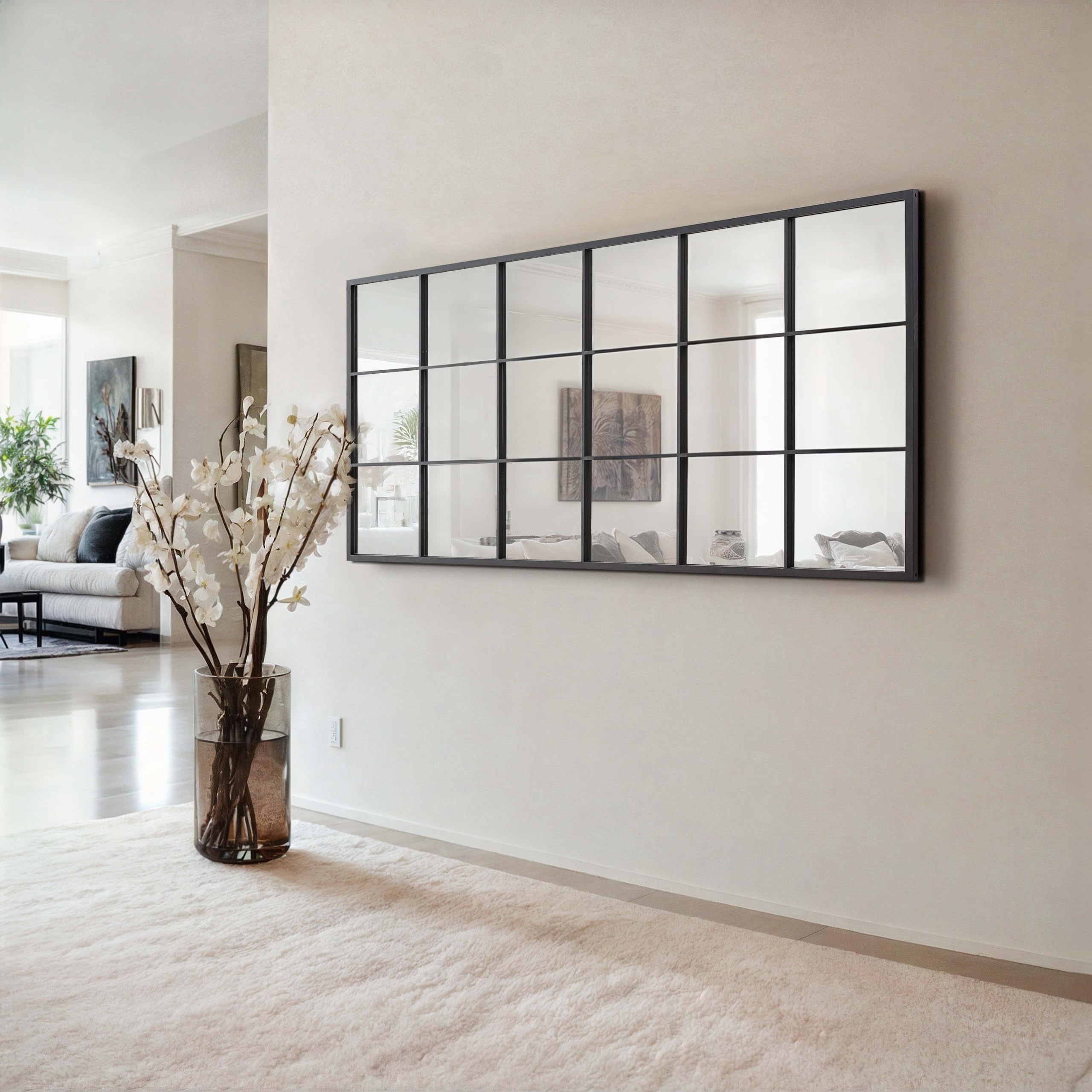 Window Pane Wall Mirror 70"x 36" - Full Length Mirror- Window Finished Black Metal Mirror