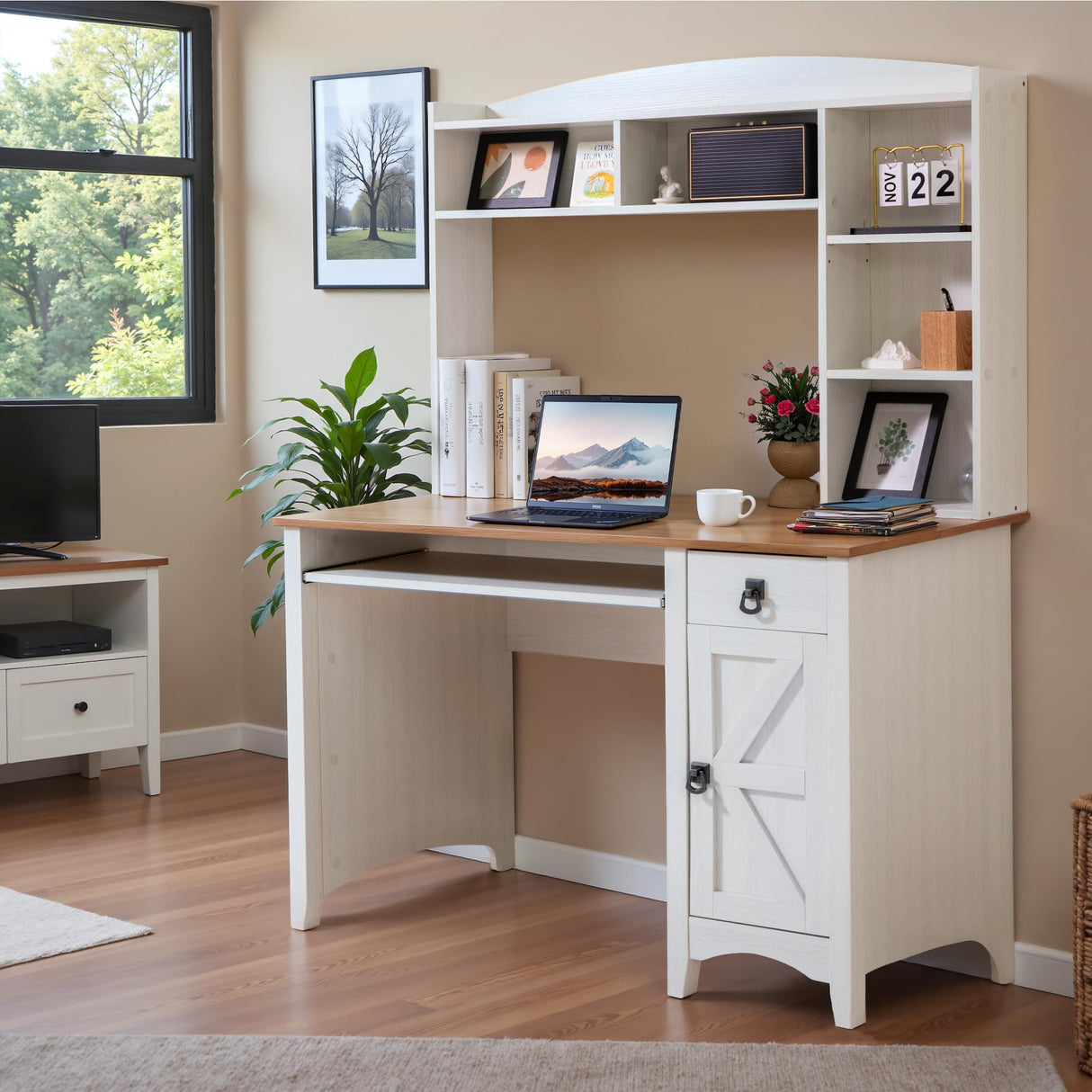 Office Desk with Drawers & Shelves, Computer Desk with Storage Cabinet