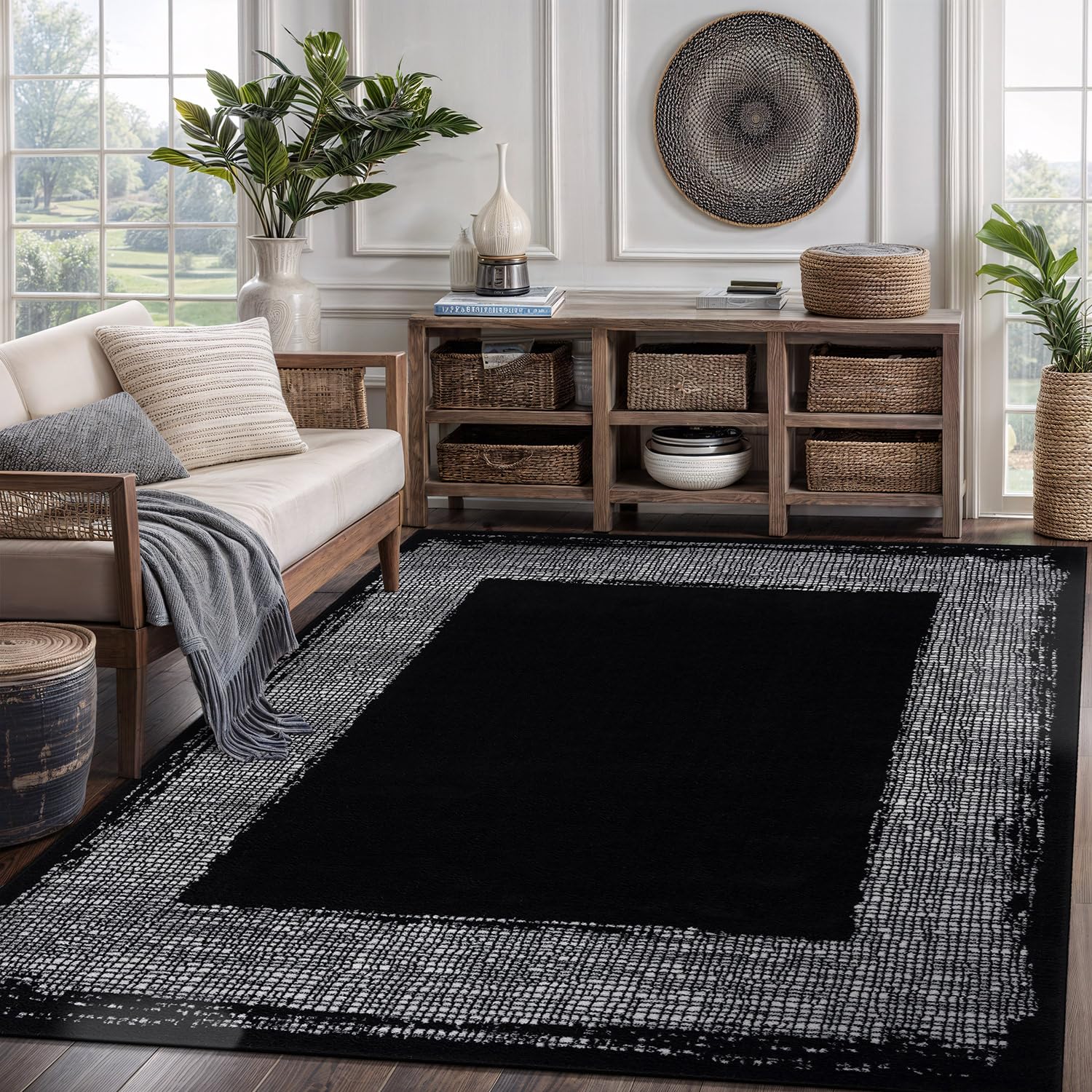 Black Area Rug 5x7 Easy-Cleaning Non-Shedding Bordered for Living Room Bedroom Dining Room Black/Cream Indoor