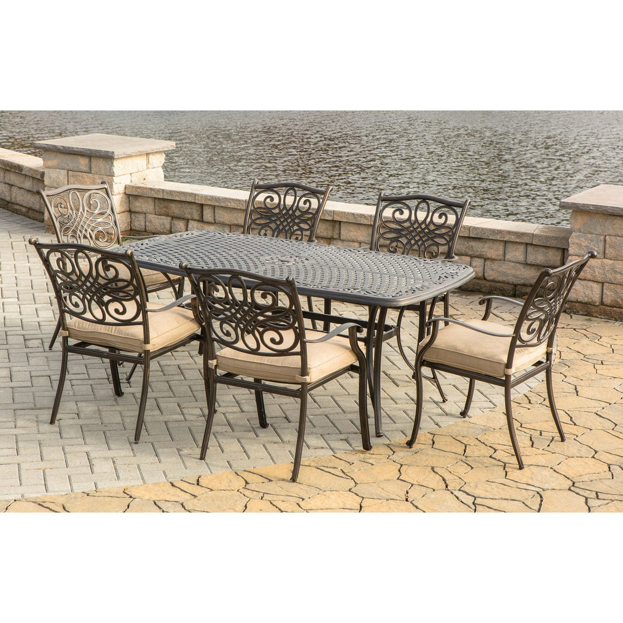 Traditions 7-Piece Rust-Resistant Aluminum Outdoor Patio Dining Set with Tan Cushions