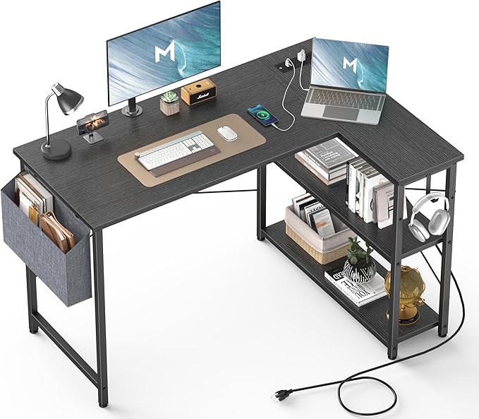 L Shaped Desk with Outlets & USB Ports, Reversible 47 Inch Office Desk, Corner Desk for Small Space