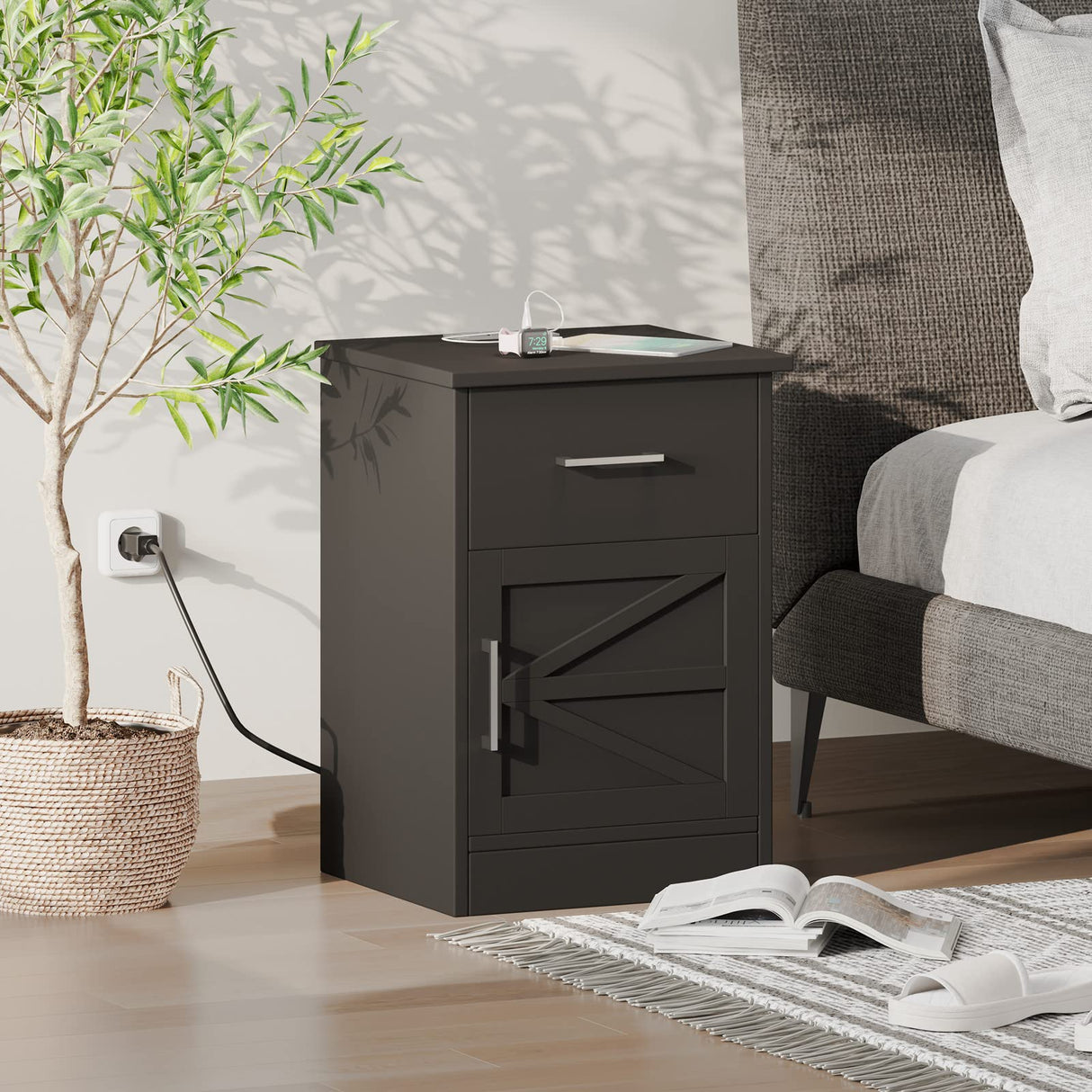 Set of 2 Nightstand with Charging Station and USB Ports & Power Outlets, Side Table