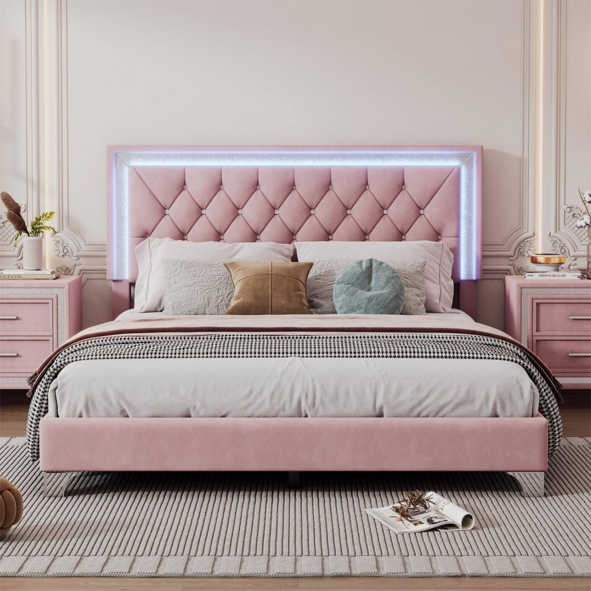 Upholstered Bed Frame with LED Lights,Modern Velvet Platform Bed