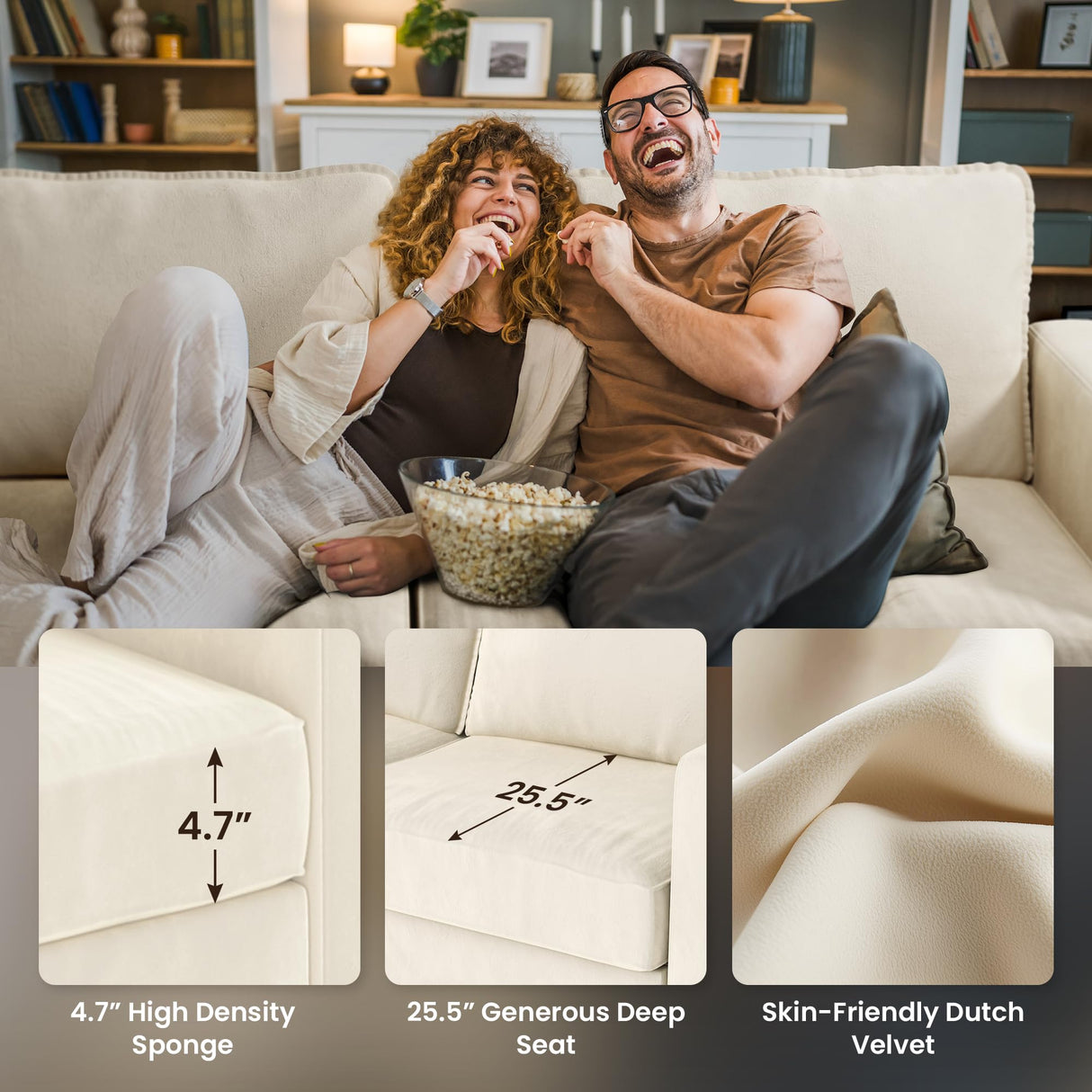 Pamapic 81” Loveseat Sofa,3 Seater Love Seat Couch,Comfy Dutch Velvet Cushion,Deep Loveseat,Removable Washable,Modern Love Seat Couch for Living Room,Bedroom, Apartment,Loft,Cream