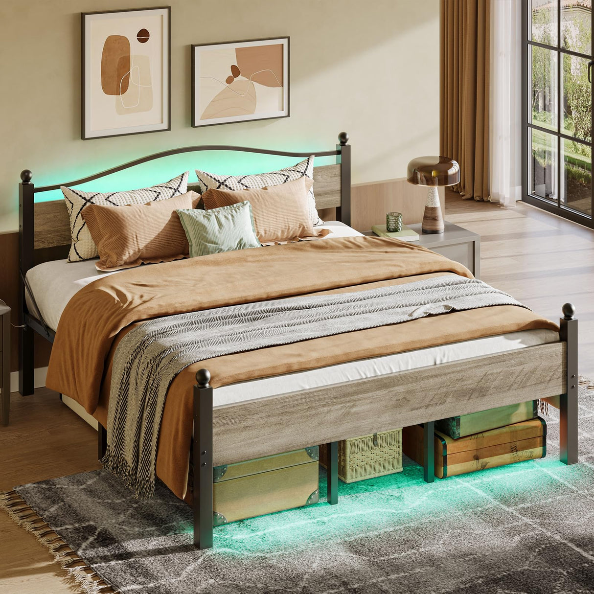 Queen Size Bed Frame with Headboard and Charging Station