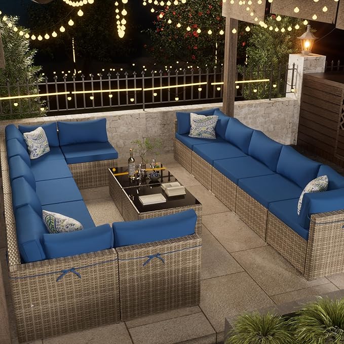 14-Piece Gray Rattan Patio Furniture Sets, Outdoor Conversation Sofa Sets